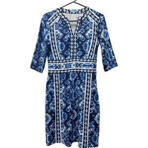 J.McLaughlin 3/4 Sleeve Spandex Blue & White Patterned Dress Womens XS